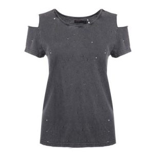 Gray Holes Cold Shoulder Casual Short Sleeve T-Shirt