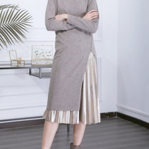 Gray Knitted Casual Crew Neck Slit Midi Dress