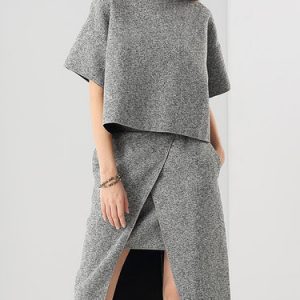 Gray Knitted Plain Short Sleeve Two Piece Sweater Dress