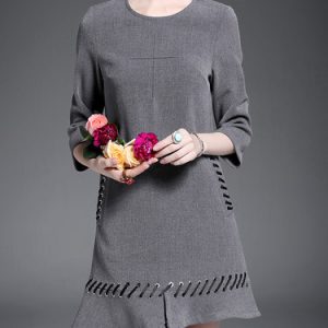 Gray Lace Up A-line Long Sleeve Plain Mini Dress