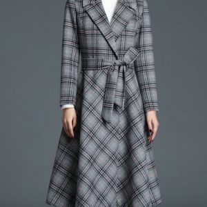 Gray Lapel A-line Long Sleeve Checkered/Plaid Coat with Belt