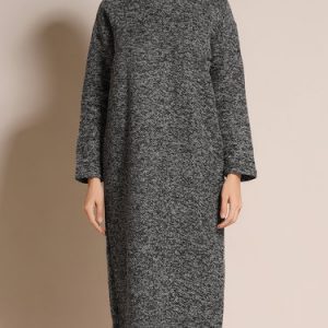 Gray Long Sleeve Crew Neck Solid Midi Dress