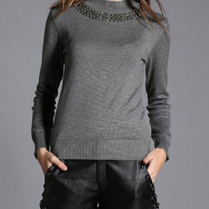 Gray Long Sleeve H-line Plain Beaded Long Sleeved Top