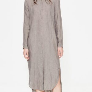 Gray Long Sleeve High Low Linen Shirt Dress