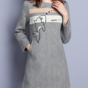 Gray Long Sleeve Ribbed A-line Mini Dress