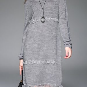 Gray Long Sleeve Ribbed H-line Sweater Dress