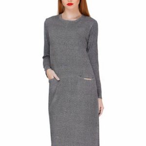 Gray Melange Crew Neck Simple Pockets Midi Dress