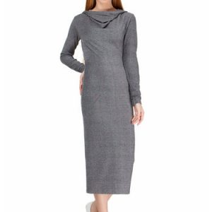 Gray Melange Hoodie Long Sleeve Solid Midi Dress