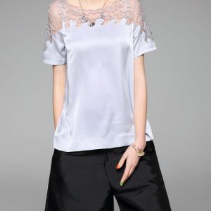 Gray Mesh Paneled Short Sleeve Crew Neck Plain Blouse