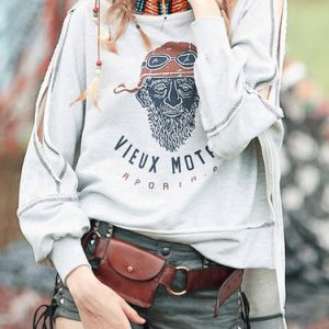 Gray Off-shoulder Batwing Crew Neck Tribal Sweatshirt