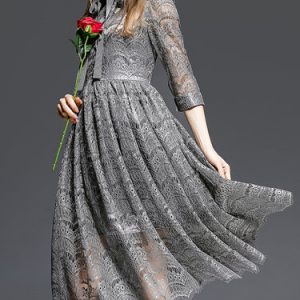 Gray Pierced Swing Casual Lace Midi Dress