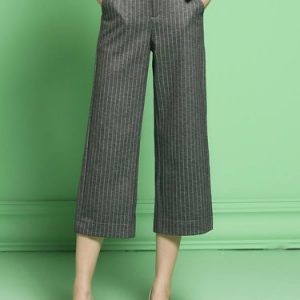 Gray Pockets Work Polyester Stripes Wide Leg Pant