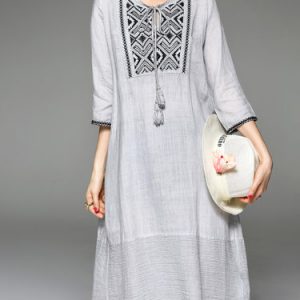 Gray Printed 3/4 Sleeve Midi Dress