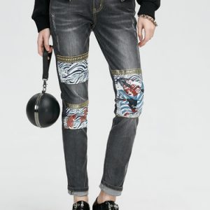 Gray Printed Casual Jeans