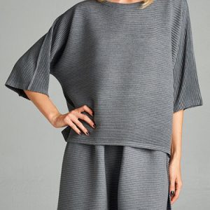 Gray Ribbed 3/4 Sleeve Plain Top