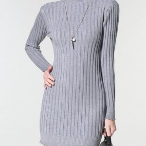 Gray Ribbed Bodycon Knitted Ruffled Sweater Dress