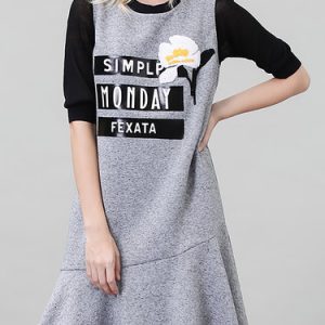 Gray Ruffled Casual Crew Neck Letter Midi Dress