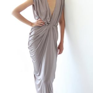 Gray Sheath Gathered Plain Evening Maxi Dress