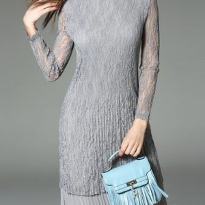 Gray Sheath Ribbed Casual Crew Neck Midi Dress