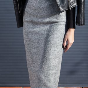 Gray Sheath Wool Blend Simple Solid Pencil Midi Skirt