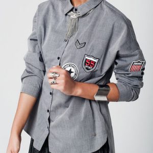 Gray Shirt Collar High Low Badges Blouse