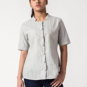 Gray Short Sleeve Buttoned Stand Collar Blouse