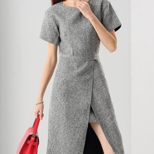 Gray Short Sleeve Wool Blend Sweater Dress