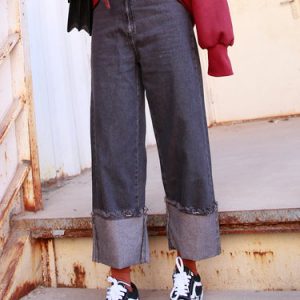 Gray Simple Paneled Denim Plain Straight Leg Pants