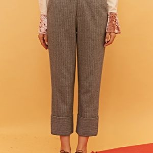 Gray Simple Pockets Stripes Straight Leg Pants