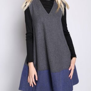 Gray Simple Wool Blend V Neck Color-block Mini Dress