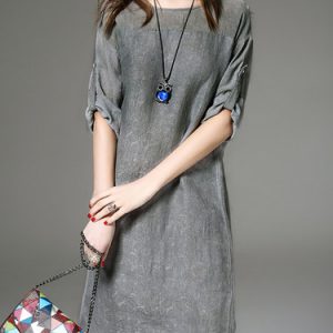 Gray Slit Half Sleeve Crew Neck Silk Midi Dress