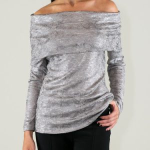 Gray Snakeskin Cowl Neck Cutout Long Sleeved Top