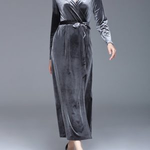 Gray Solid Casual Maxi Dress with Belt