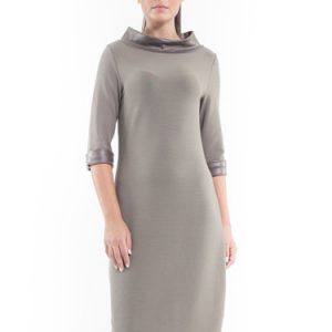 Gray Stand Collar Elegant Paneled Solid Midi Dress