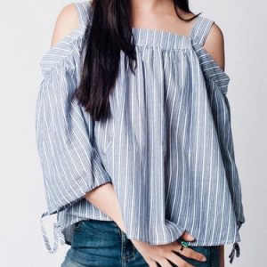 Gray Stripes 3/4 Sleeve Cold Shoulder Cotton Blouse