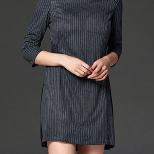 Gray Stripes 3/4 Sleeve Polyester Mini Dress