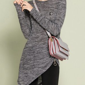 Gray Stripes Asymmetrical Knitted Long Sleeve T-Shirt