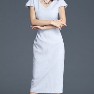 Gray V Neck Work Plain Sheath Midi Dress