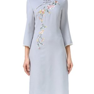 Gray Vintage Slit Floral Embroidered Midi Dress