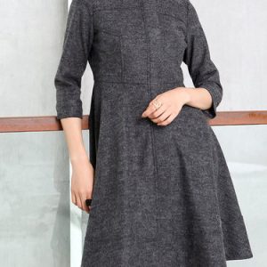 Gray Wool Blend Zipper Long Sleeve Mini Dress