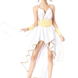 Greek Goddess Halloween Costumes Ruffle High Low White Woman Dress Mardi Gras Holidays Costumes