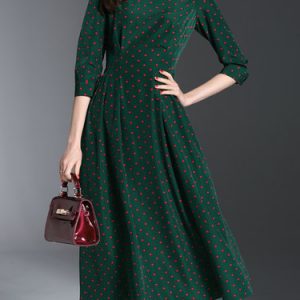 Green 3/4 Sleeve A-line Polka Dots Crew Neck Midi Dress