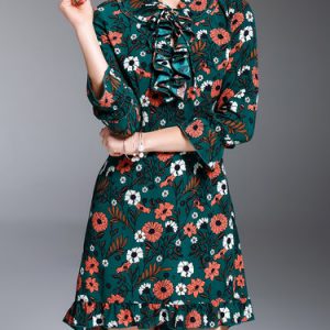 Green 3/4 Sleeve Asymmetric Printed Midi Dress