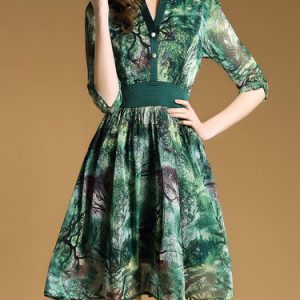 Green 3/4 Sleeve Chiffon V Neck Printed Midi Dress