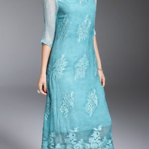 Green 3/4 Sleeve Embroidered Silk Midi Dress