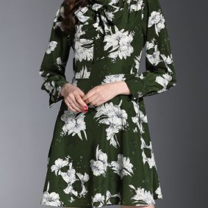 Green A-line Bow Floral Print Long Sleeve Midi Dress