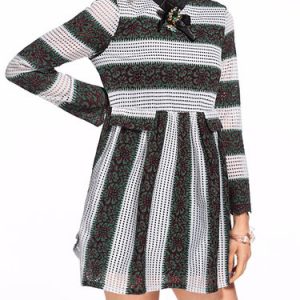 Green A-line Long Sleeve Lace Ruffled Color-block Mini Dress