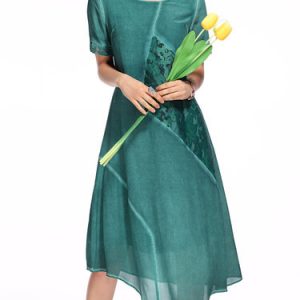 Green A-line Vintage Floral Appliqued Silk Midi Dress