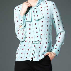 Green Animal Print Bow Casual H-line Silk Blouse