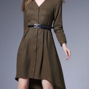 Green Asymmetric Long Sleeve V Neck Midi Dress with Belt